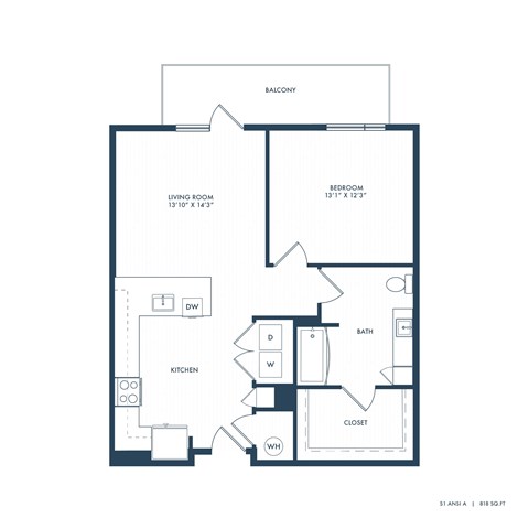 Floor plan for studio, 1 bath, 818 sqft